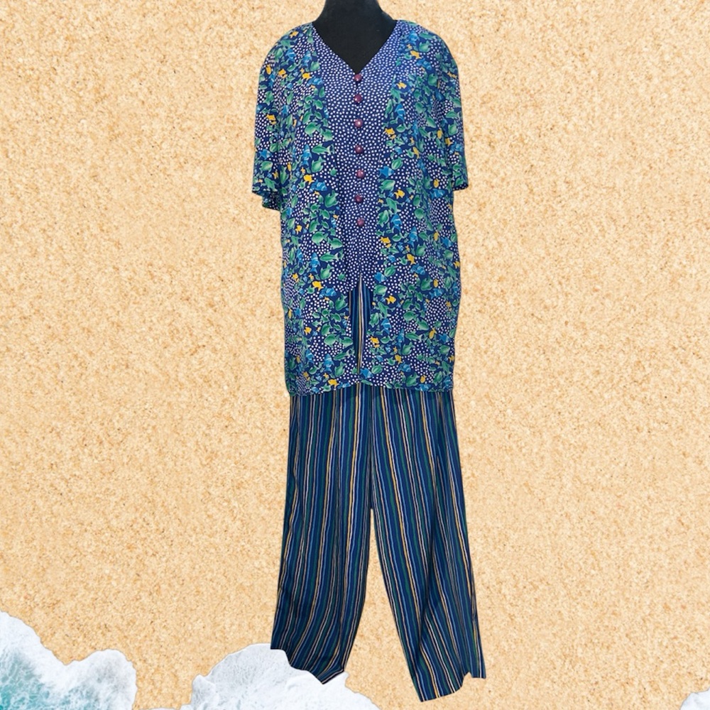 Vintage Joan Leslie Colorful Summer Fish 2 piece Matching Pant Shirt set